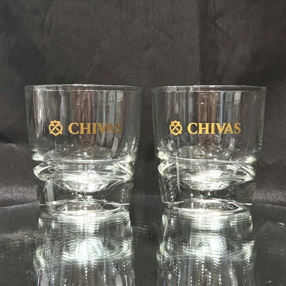 Chivas Regal Scotch Whisky Rocks Glasses Set of 2 Gold Logo Heavy Base Lowball